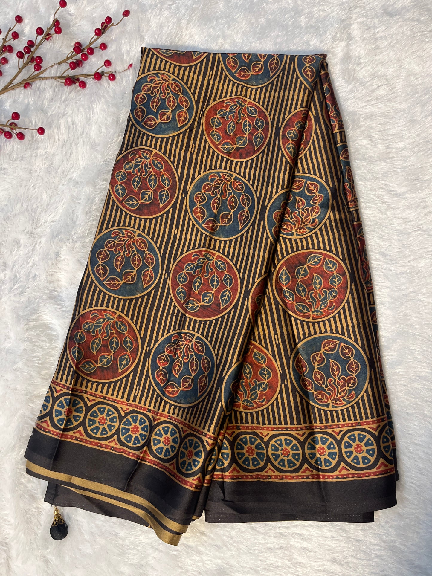 Ajrakh print on Satin saree