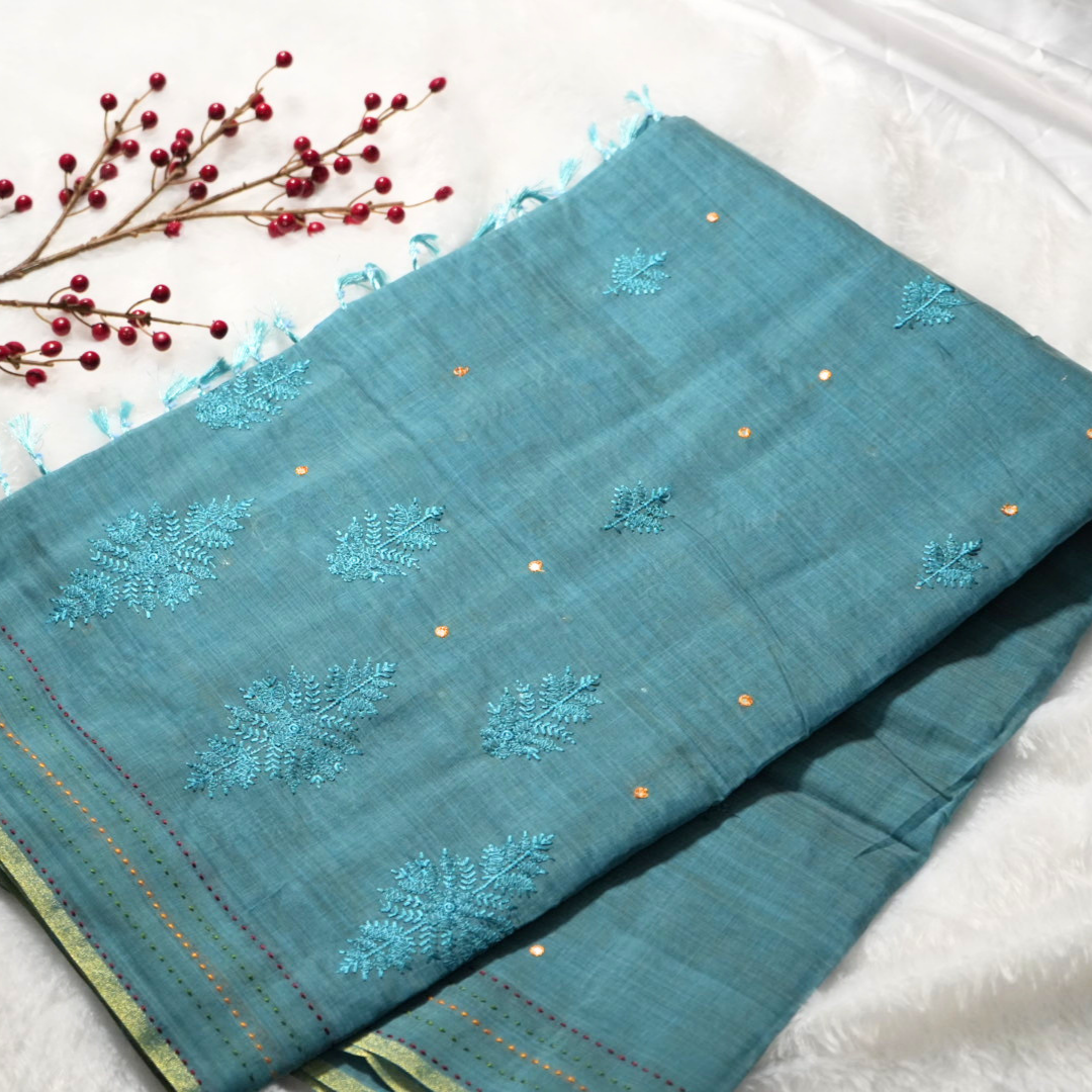 Embroidery and kantha stitch on cotton saree