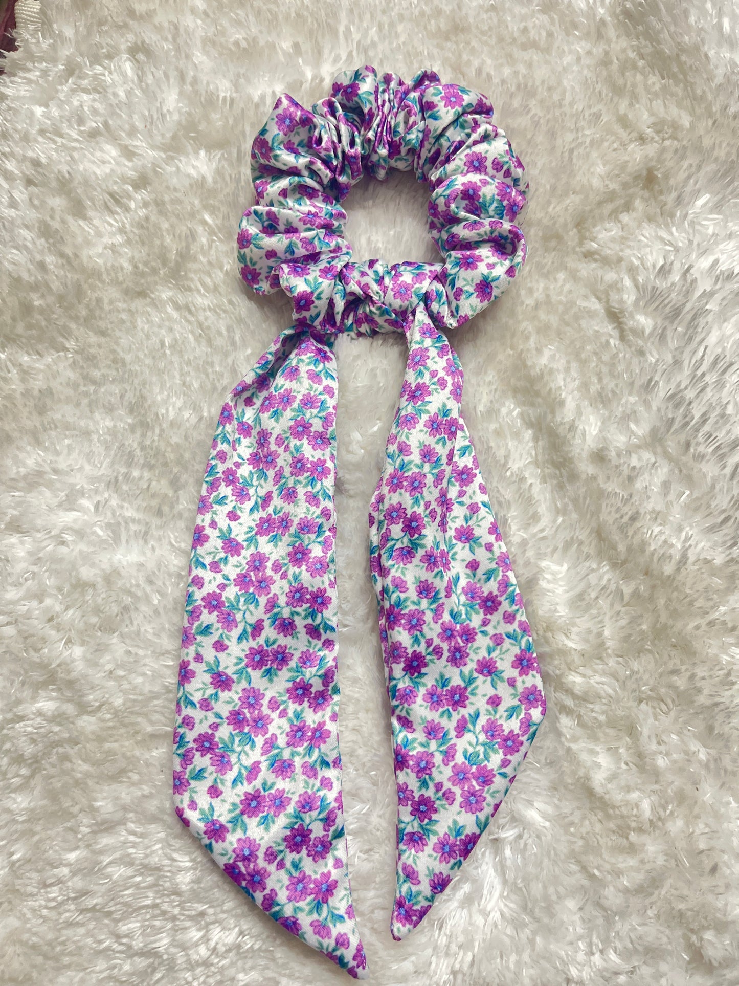 Violet floral tail satin scrunchie