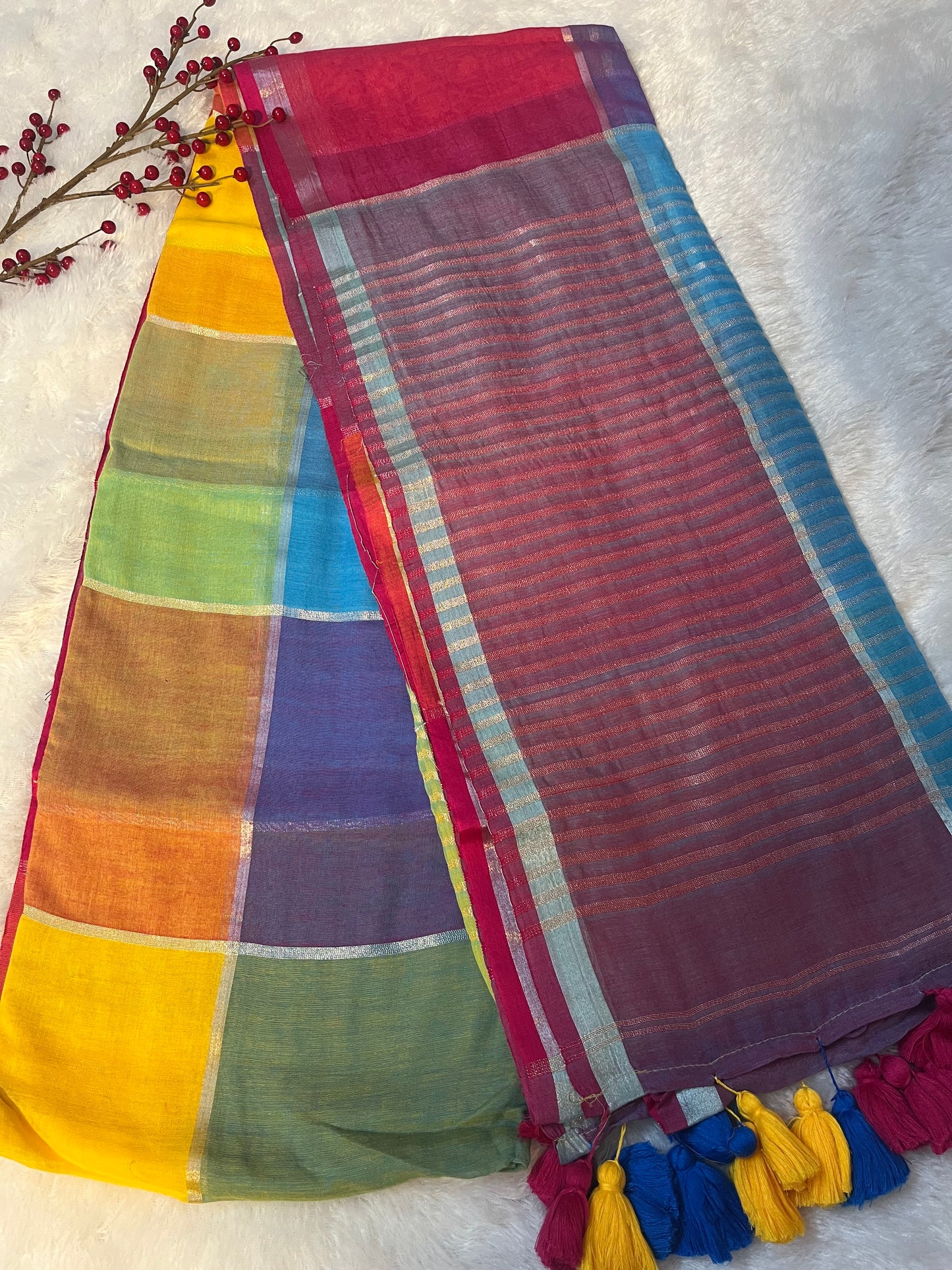 Handloom mul cotton rainbow checks saree (without blouse)