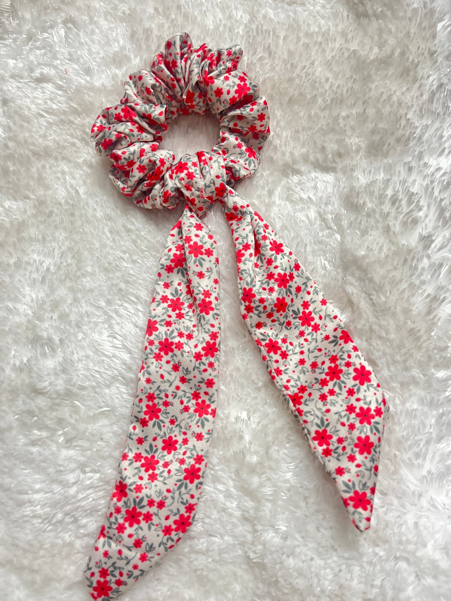 Red floral satin tail scrunchie