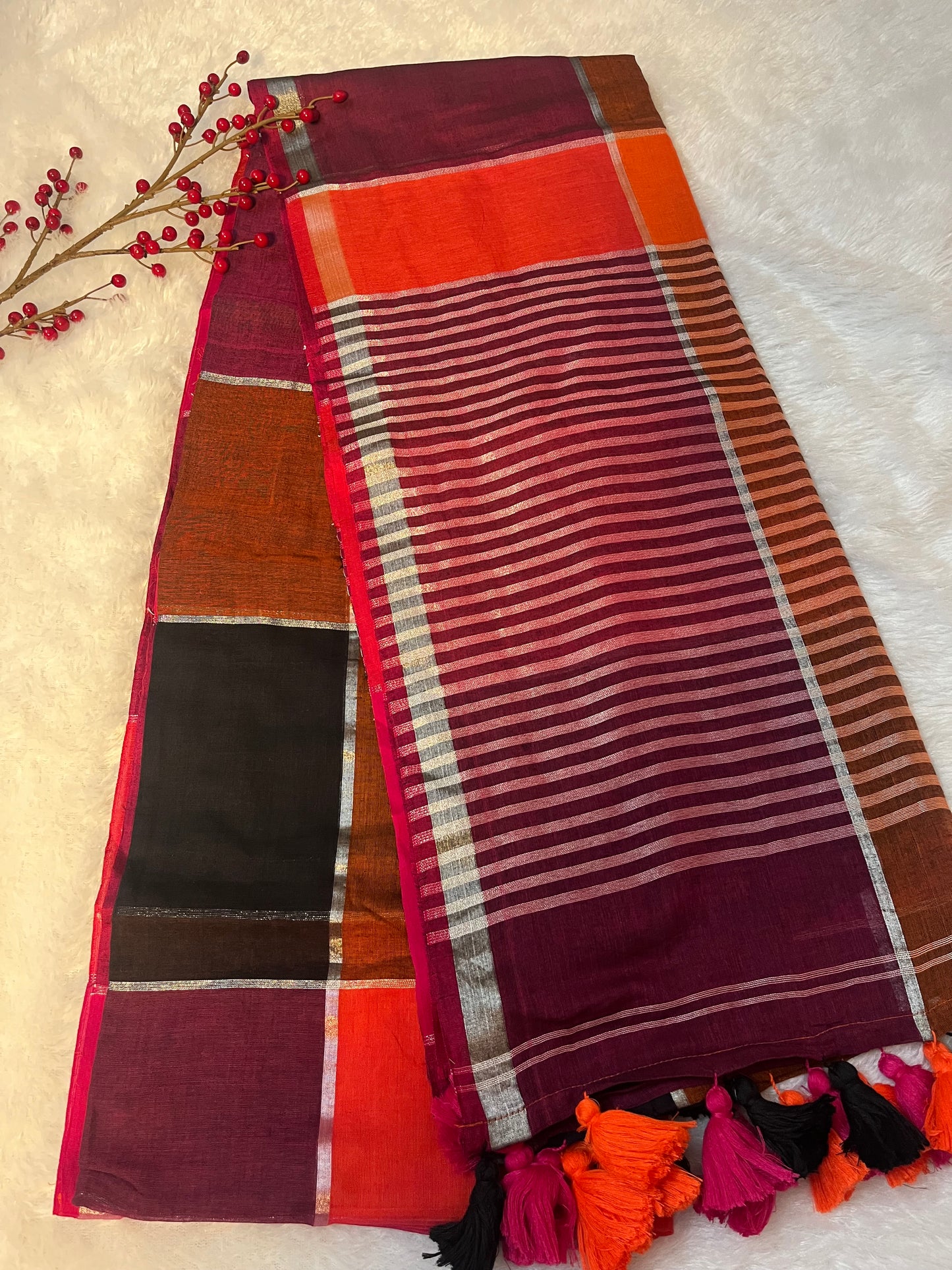 Handloom mul cotton rainbow checks saree (without blouse)