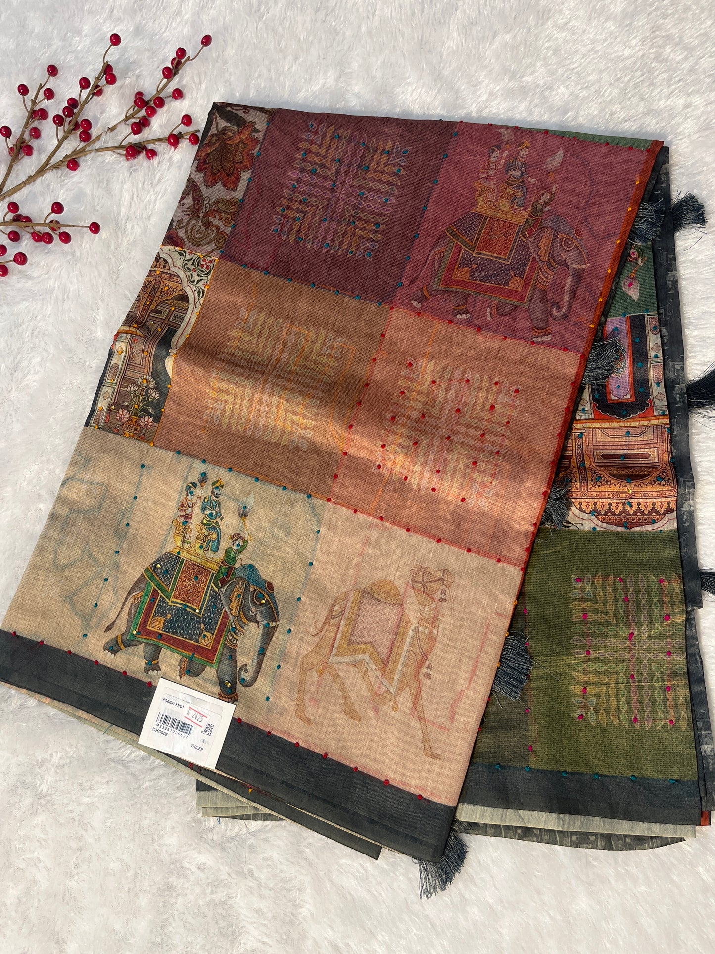 Porgai knot work on chanderi cotton saree