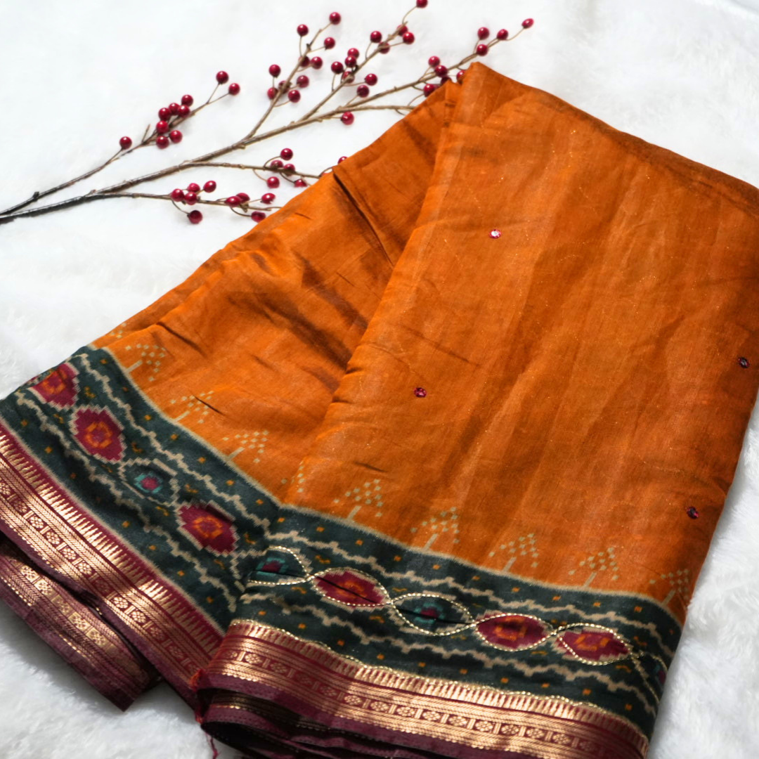 Mul cotton with zari and mirror work saree