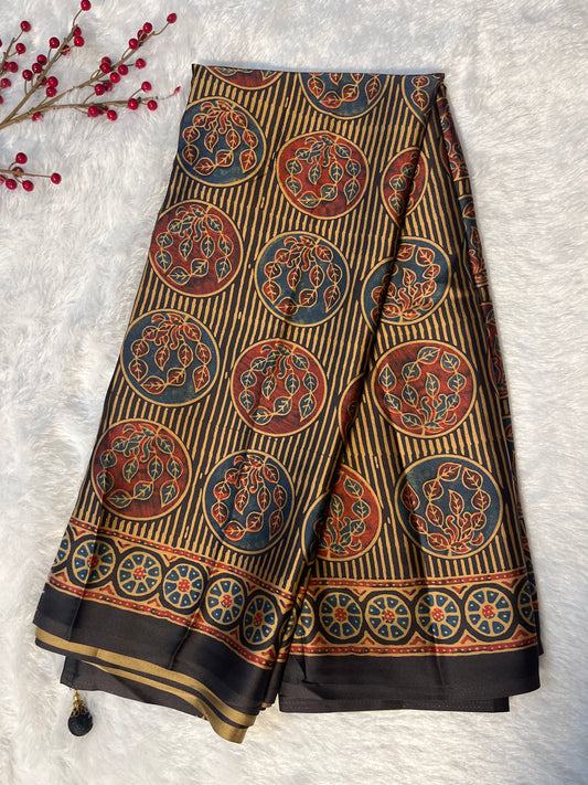 Ajrakh print on Satin saree