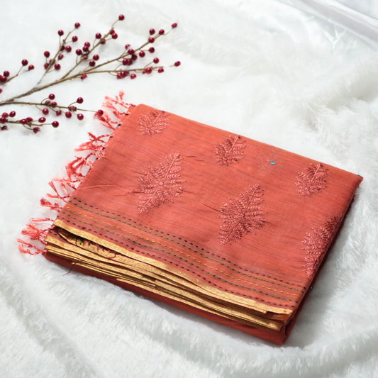 Embroidery and kantha stitch on cotton saree