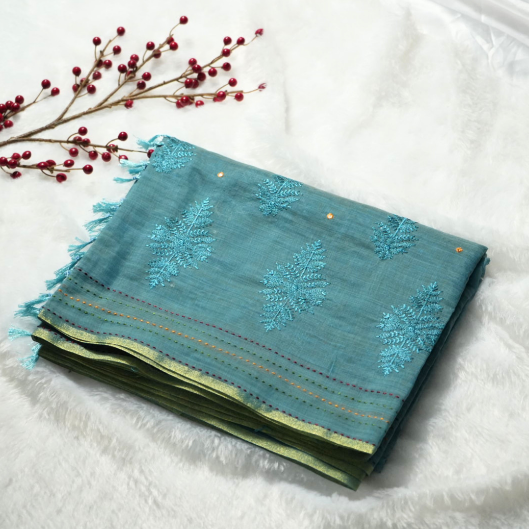 Embroidery and kantha stitch on cotton saree