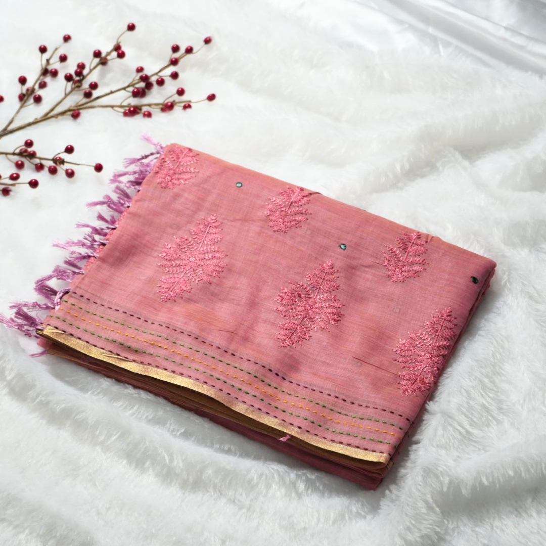 Embroidery and kantha stitch on cotton saree