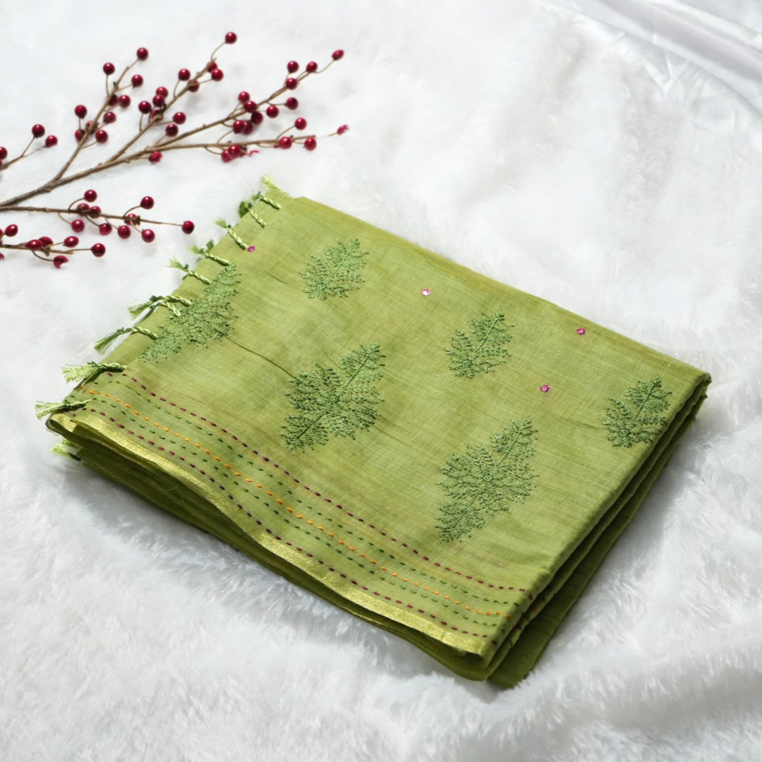 Embroidery and kantha stitch on cotton saree
