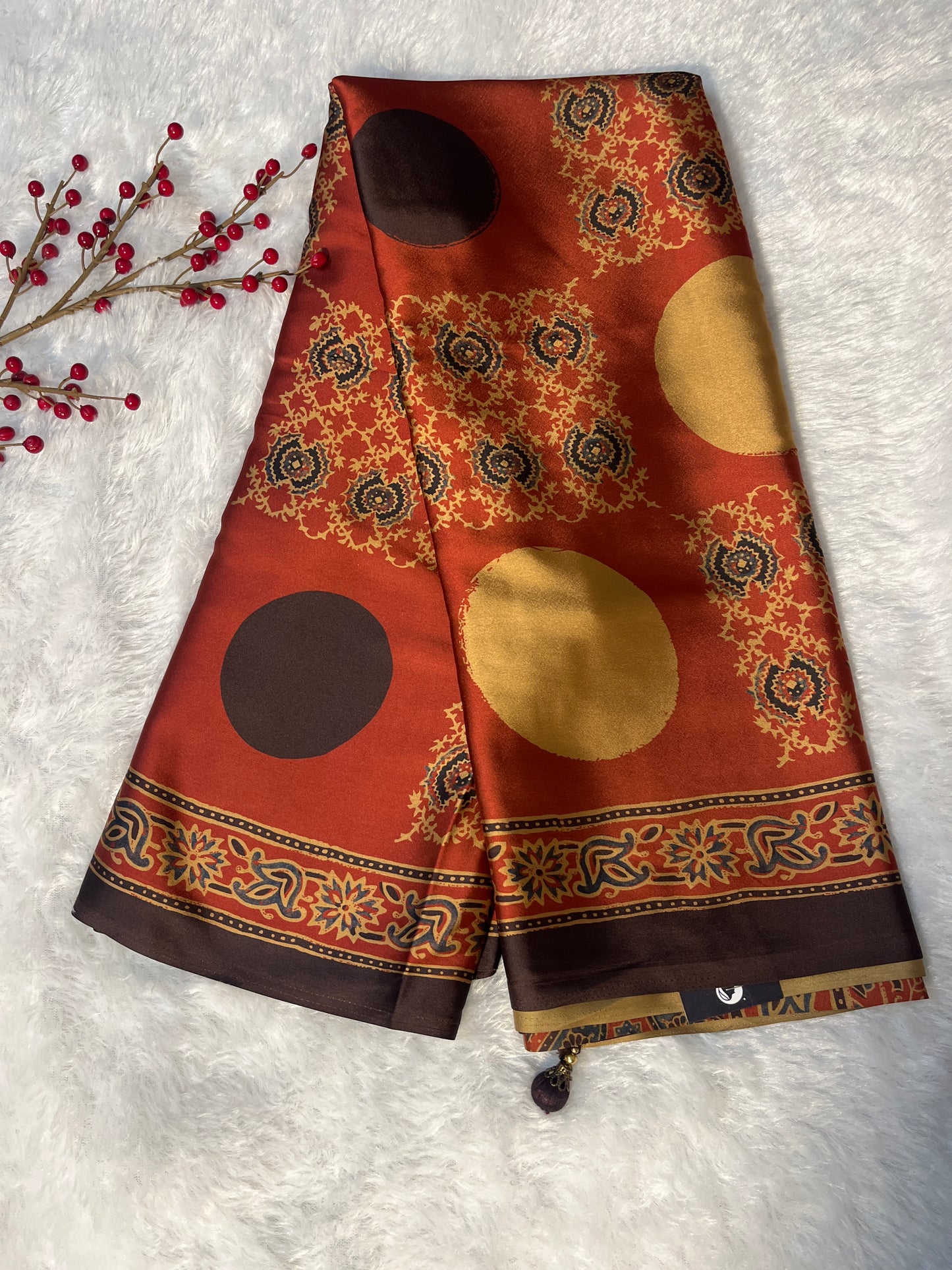 Ajrakh print on Satin saree