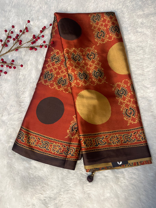 Ajrakh print on Satin saree