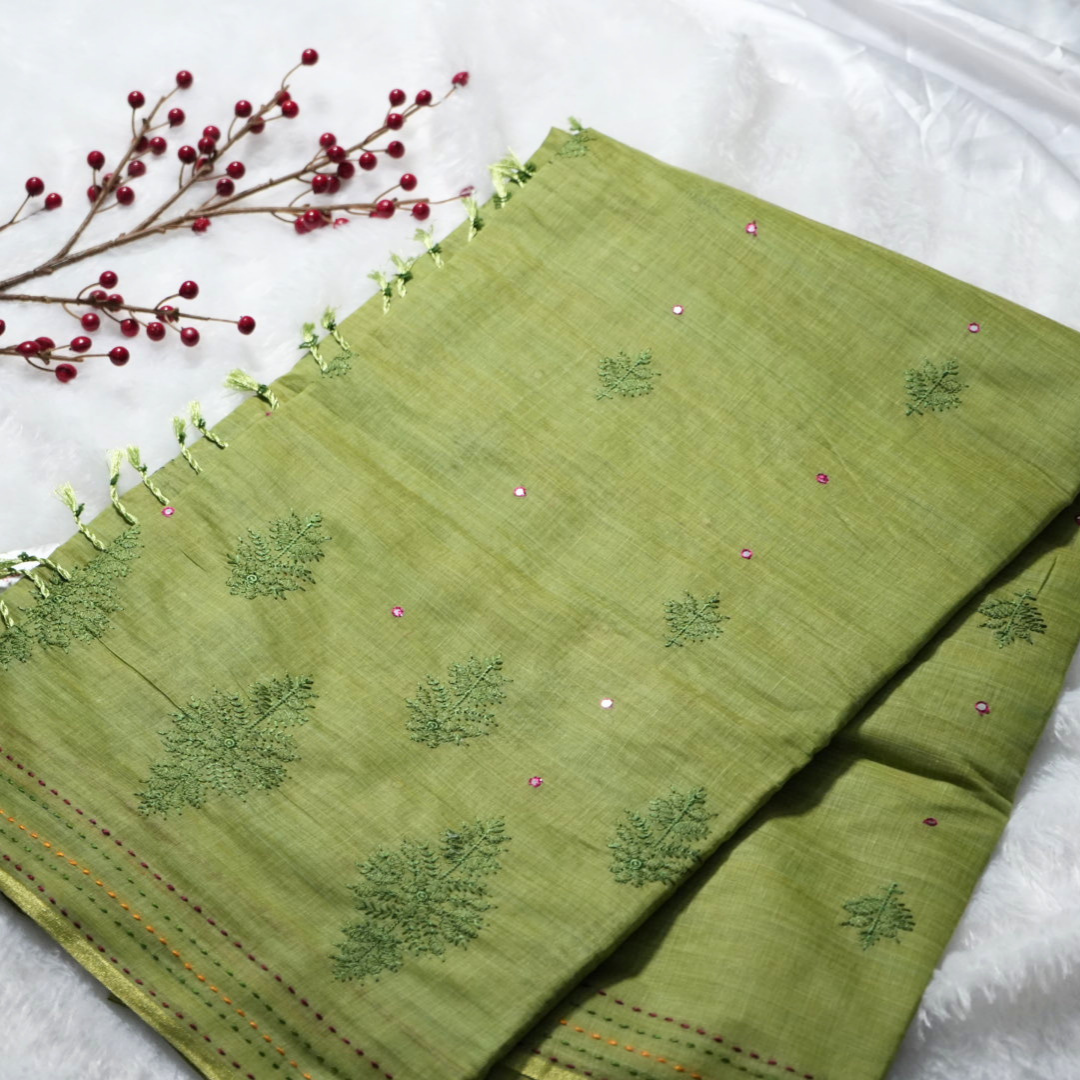 Embroidery and kantha stitch on cotton saree