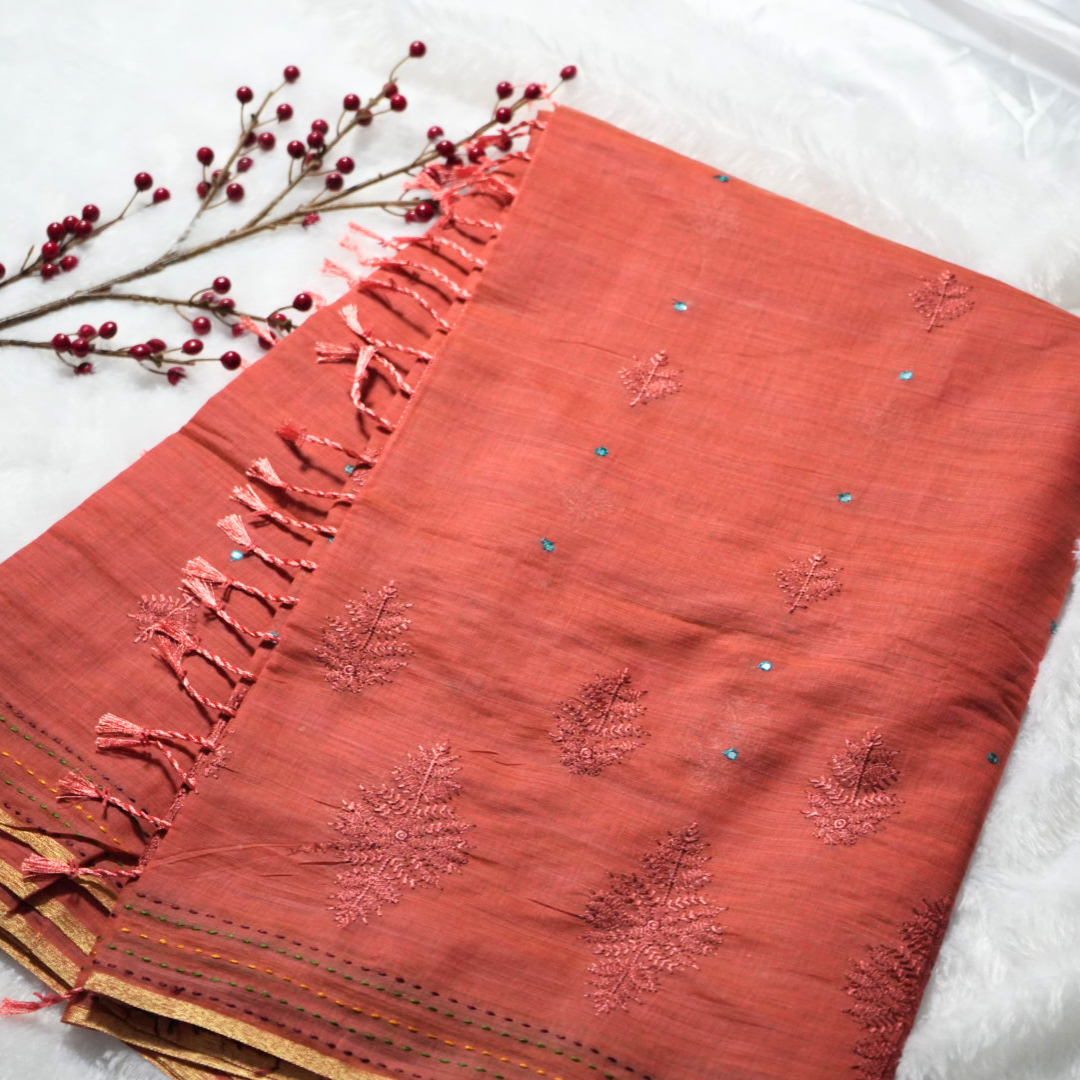 Embroidery and kantha stitch on cotton saree