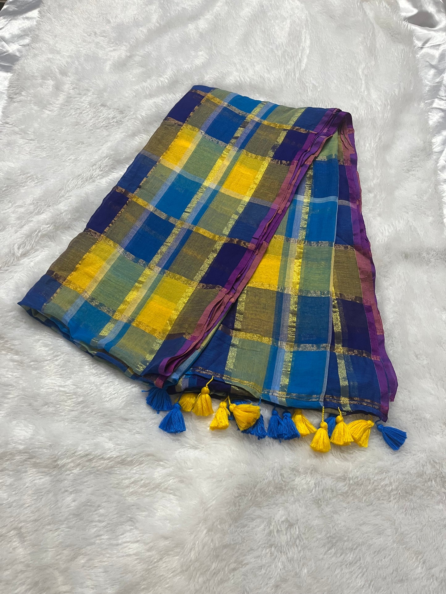 Rainbow checks mul cotton saree