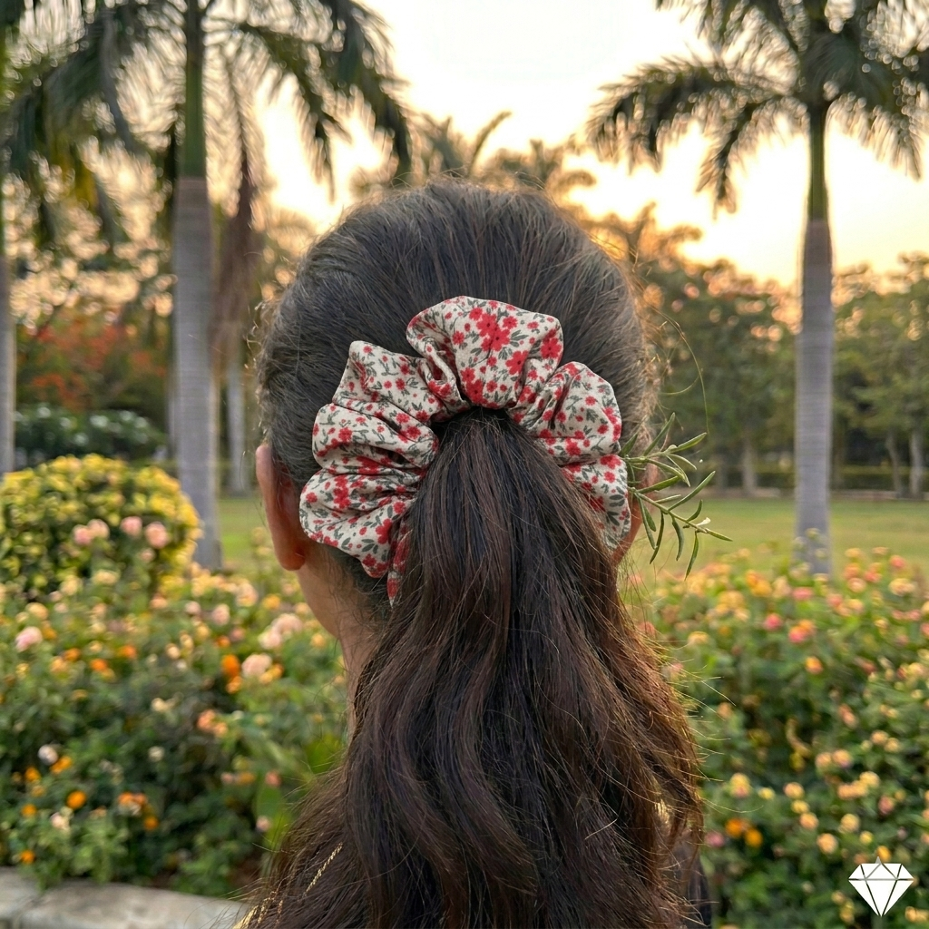 Red floral - Regular satin scrunchie