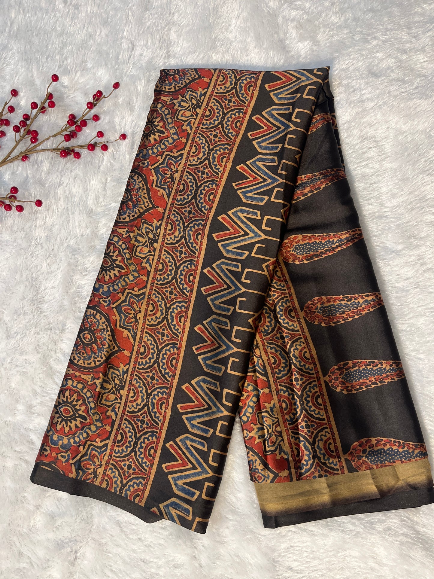 Ajrakh print on Satin saree