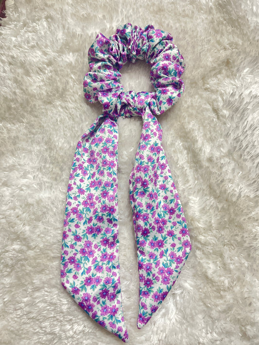 Violet floral tail satin scrunchie
