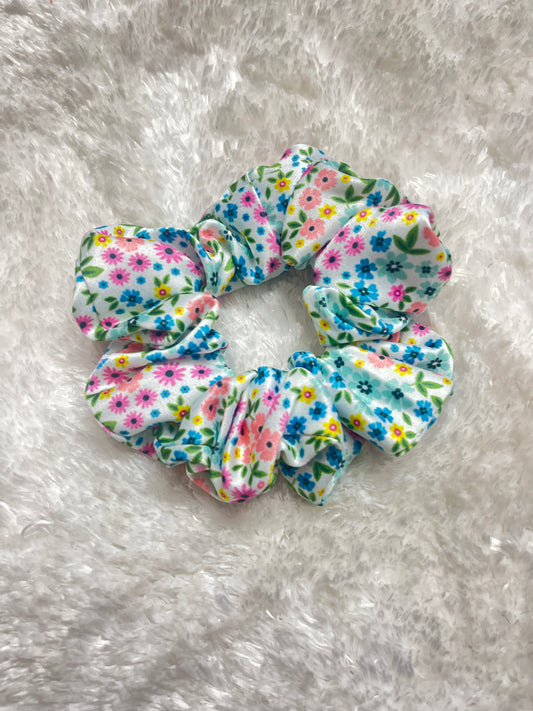 Multicolor floral satin scrunchie