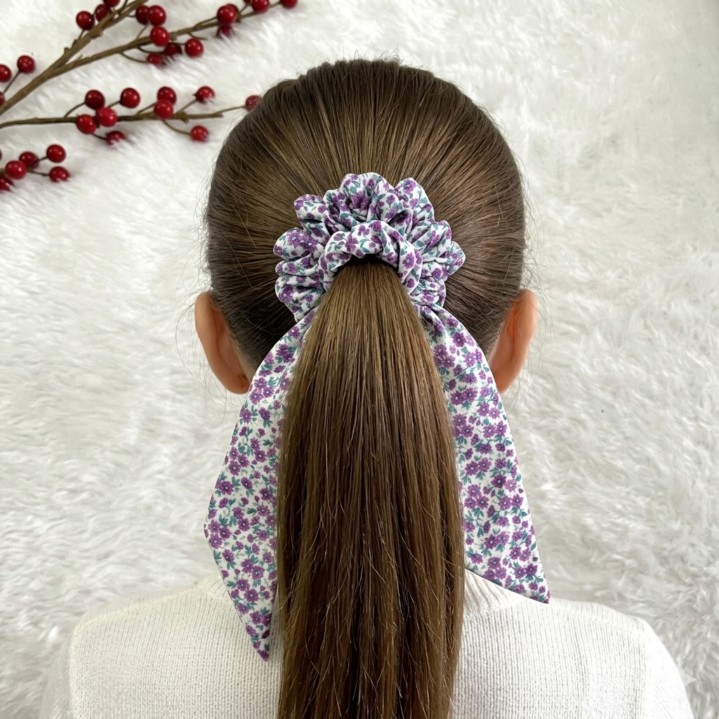 Violet floral - Tail satin scrunchie