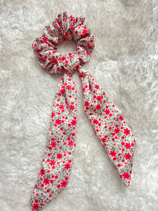 Red floral satin tail scrunchie