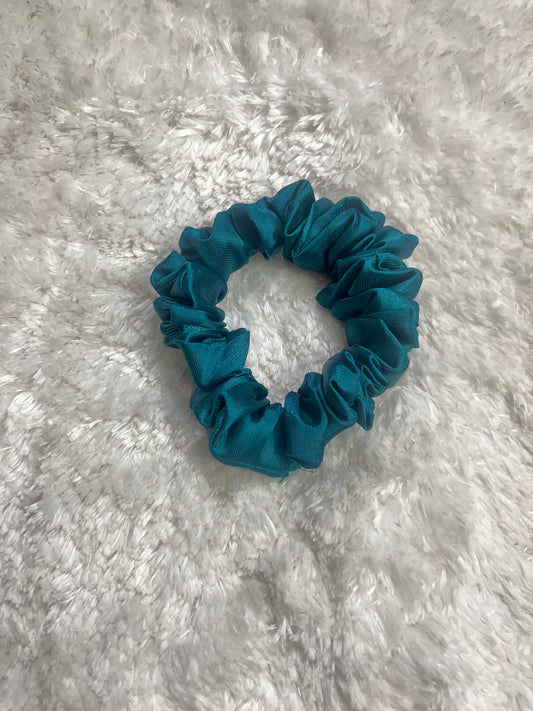 Teal blue skinny satin scrunchie