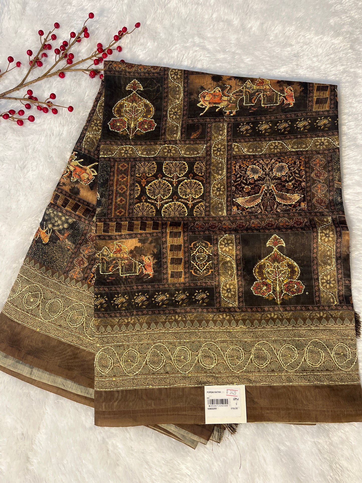 Porgai kantha stitch work on chanderi cotton saree