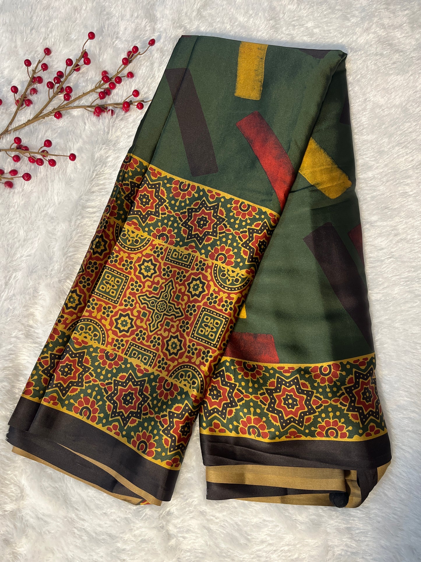 Ajrakh print on Satin saree