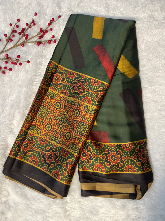 Ajrakh print on Satin saree