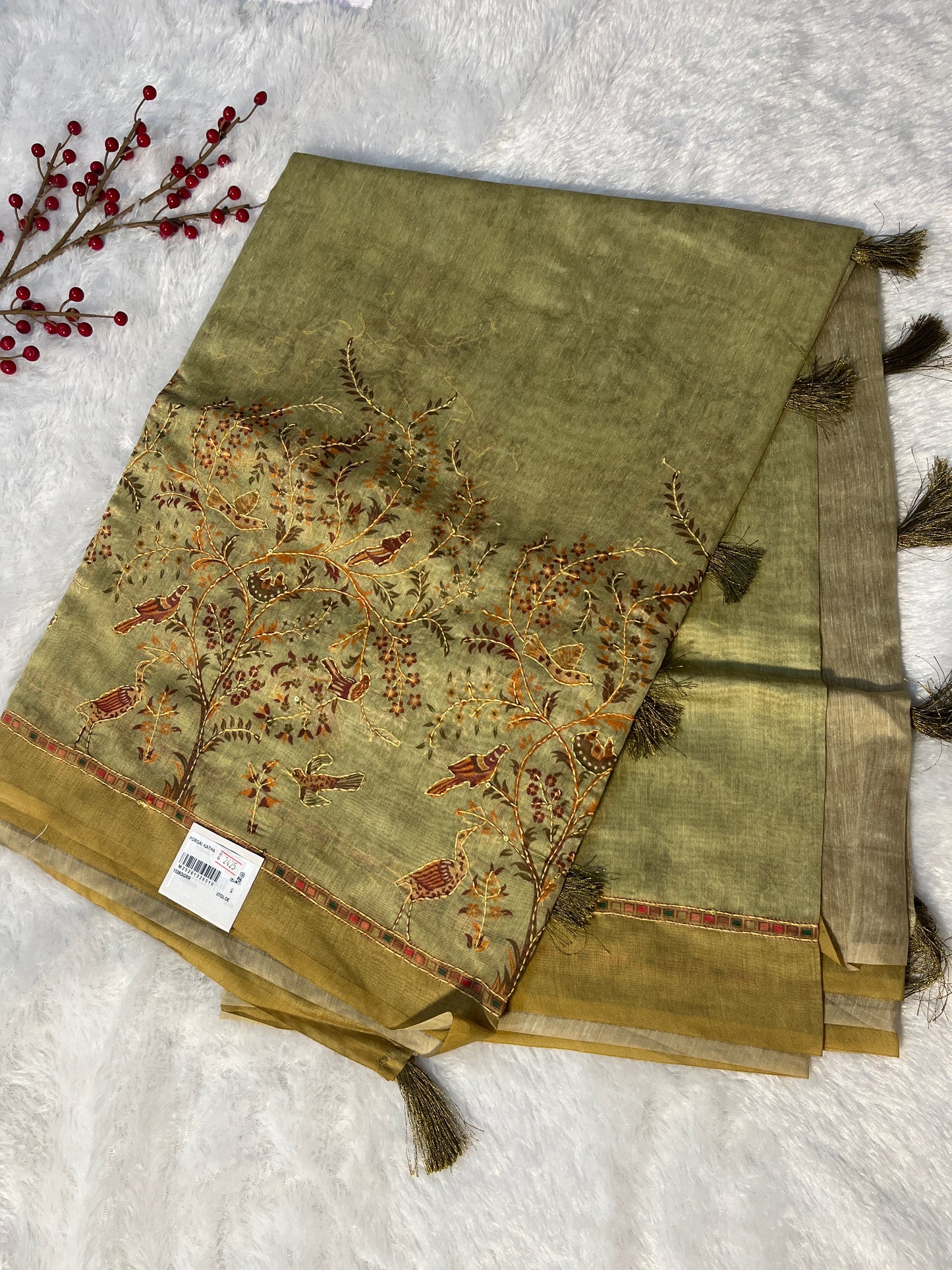 Porgai kantha stitch work on chanderi cotton saree