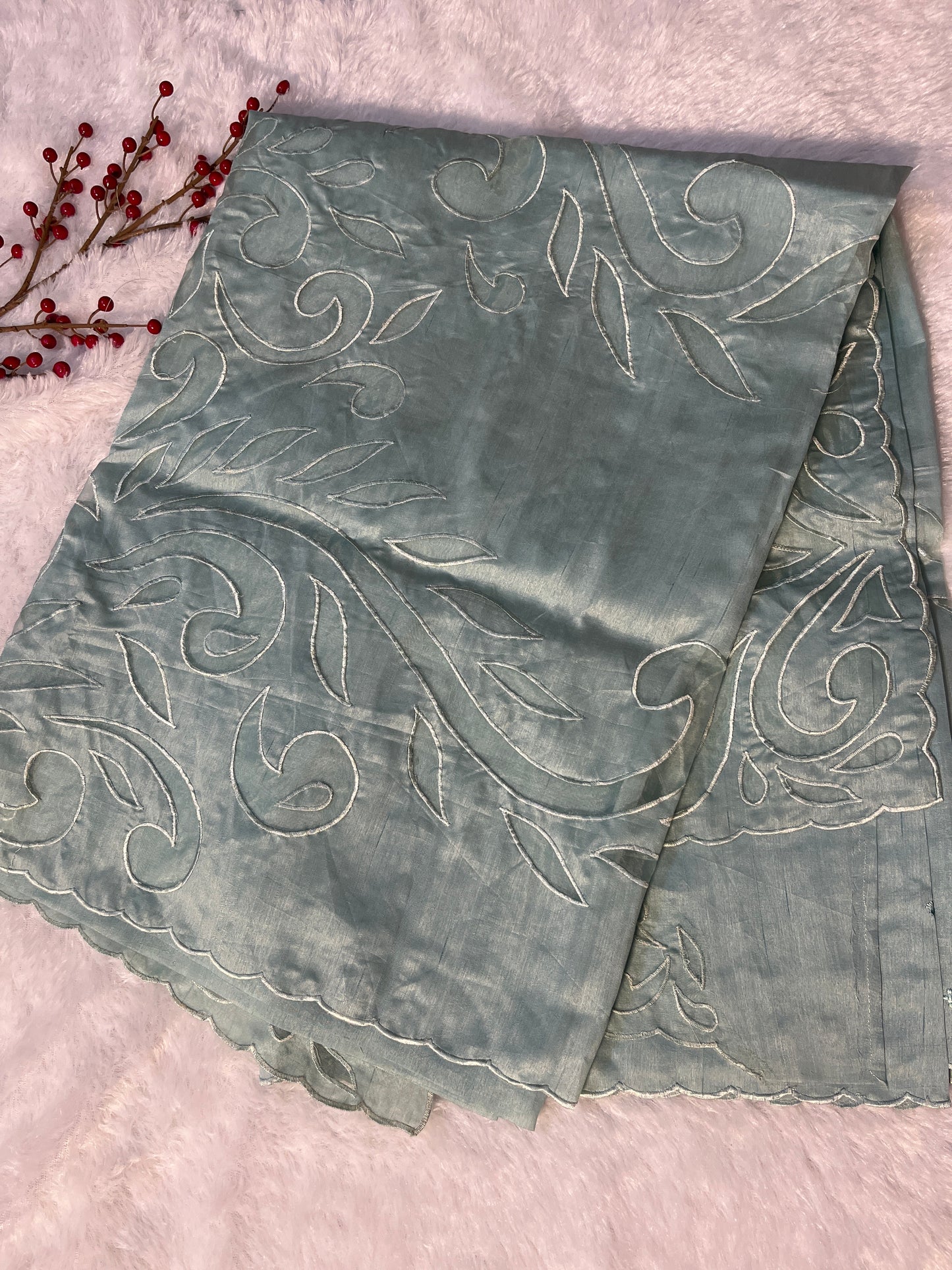Semi tussar saree with organza patch work pallu
