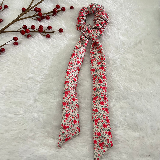 Red floral - Tail satin scrunchie