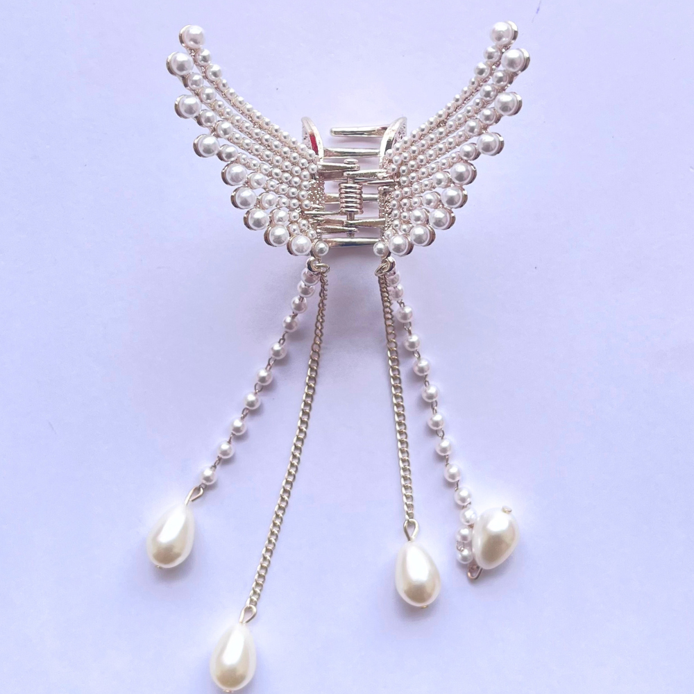 Butterfly Claw Clip - White Pearls